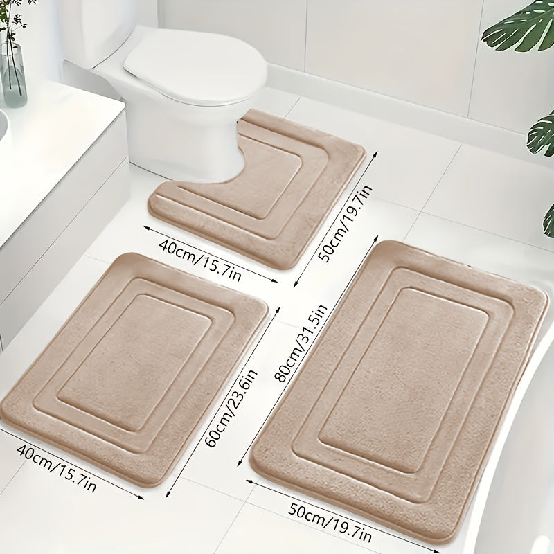 Zestaw Dywaników Łazienkowych z Memory Foam z Matą pod Toaletę Antypoślizgowy Trzy Sztuki - Beżowy