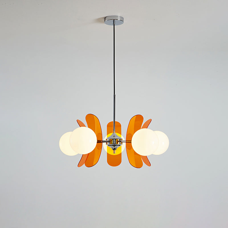 Żyrandol Retro z Kloszami Kulowymi i Kolorowymi Płatkami Akrylowymi - Pomarańczowy